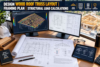 design wood roof truss layout, framing plan, and structural load calculations