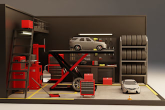 design 3d automotive garage diorama, auto service center, auto repair facility