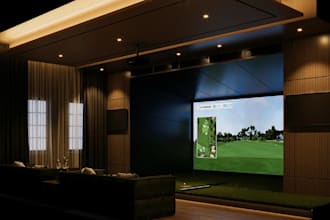 vr gspro 3d golf simulator,launch monitor,floor turf,screen wall,ue5 render,ball