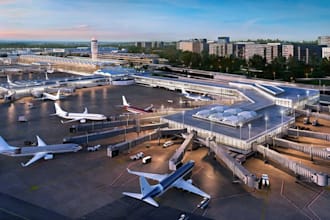 design 3d airport terminal, 2d elevation, scenery building, airplane runway