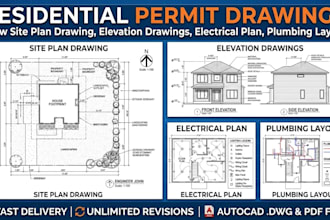 draw site plan drawing, elevation drawings, electrical plan, and plumbing layout