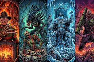 create detailed dark art illustrations for bands and merch