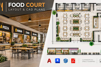 design food court layout, food stalls, seating and commercial cad plans