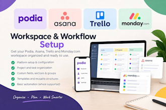 set up podia asana trello and monday project workflows
