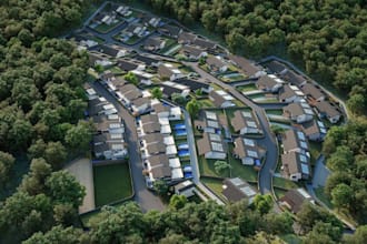 3d residential housing development, site conceptual layout,hillside house render