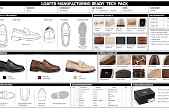 create complete shoe tech pack, sneakers, sandals boots for manufacturing