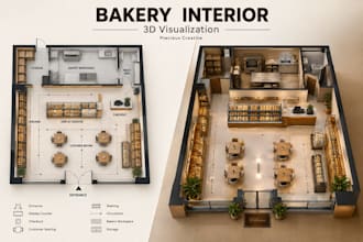 design a modern bakery interior in 3d