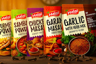 create spice and seasoning packaging with jar labels and 3d product renders