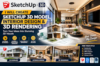 create sketchup 3d model, interior design, and 3d rendering