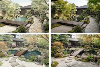 design a japanese zen garden with koi pond and 3d landscape