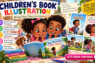 illustrate 2d, 3d children book, african american kid story book cover, cartoon