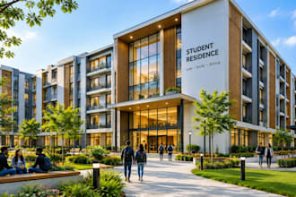 design modern student residence, dormitory and student housing in 3d