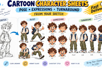 create cartoon pose expression and turnaround sheets from your character sketch