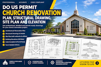 do US permit church renovation plan, structural drawing, site plan and elevation