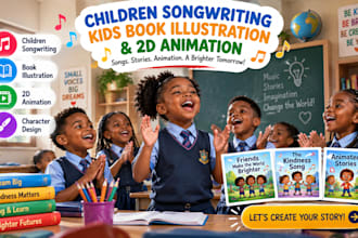 design 2d children songwriting book, kids book illustration, and 2d animation