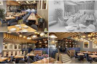 design restaurant cafe interior layout 3d visuals rendering, kitchen cabinet