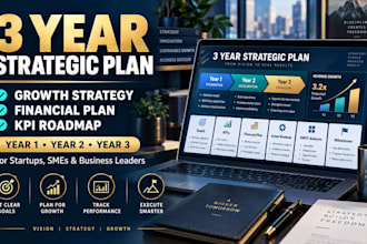 write a 3 year strategic plan growth strategy financial plan, KPI roadmap