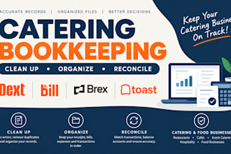 clean up, organize, reconcile dext, bill, brex and toast catering bookkeeping