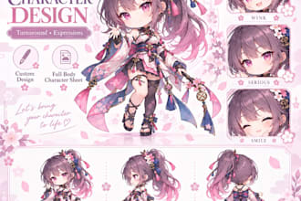 design cute chibi anime characters, turnaround sheets and expressions