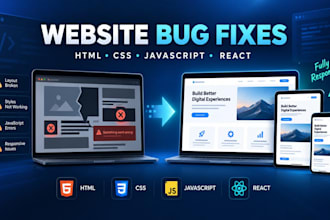 fix website bugs and responsive issues in HTML CSS javascript or react