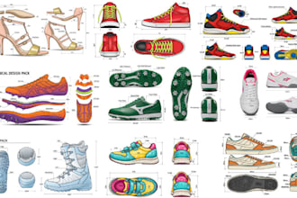 create shoe tech pack, sneakers, boots loafers heels for manufacturing