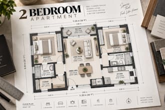 create 2 bedroom apartment floor plans, detailed furniture layouts