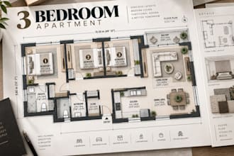 create 3 bedroom apartment plans, residential layouts with cad drawings