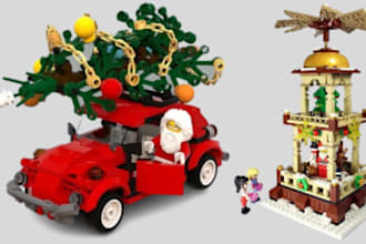 design 3d custom christmas lego car, house, bike, minifigure, toys with manuals