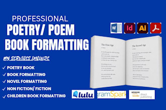 design, format, edit  poem poetry, fiction, memoir, copy editng, novel books KDP