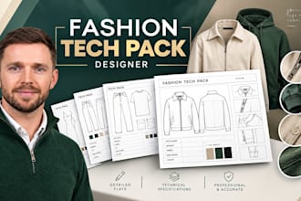 design fashion tech pack, apparel technical sketch and size chart