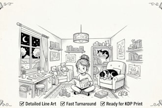 draw black and white interior illustration for kids chapter book KDP