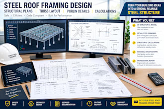 steel roof framing plan metal truss layout structural calculations, and purlin