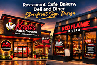 do restaurant, bakery,deli,diner storefront sign design,window and menus graphic