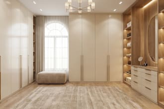 create walk in closet, wardrobe, dressing room interior ikea pax with 3d render