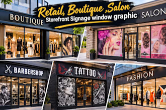 design retail, boutique, saloon store front signage, shop front window graphics