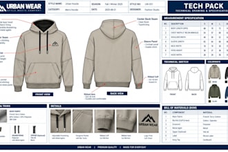 design fashoin tech pack clothing tech pack and technical drawing