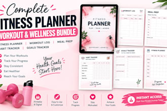 create fitness planner, workout log, meal prep, habit tracker and goals tracker