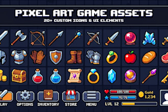 design pixel art game UI, icons, hud, buttons and game assets
