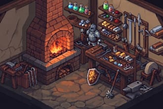 design pixel art game UI icons, hud and buttons for your game