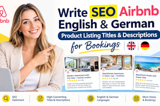 write SEO airbnb english german product listing titles descriptions for bookings