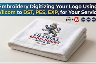 embroidery digitizing your logo using wilcom to dst, pes, exp, for your service