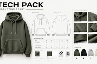 tech pack, clothing, streetwear, hoodies jackets joggers pdf production ready
