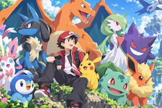 draw you as a custom pokemon trainer and pokemon team art