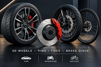 create realistic 3d wheel, rim, tire, brake discs for cars, motorcycles, bicycle