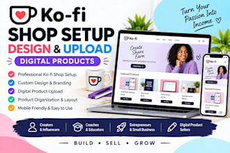 setup your kofi shop, design and upload digital products payhip stan store