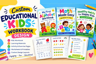 design kids educational workbook, worksheets, kid activity book