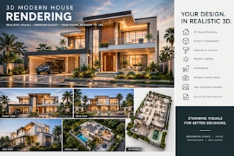 do 3d modern house rendering exterior visualization villa design sketchup revit