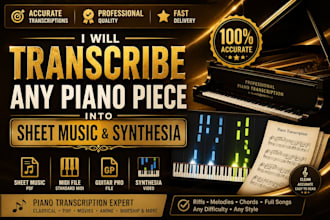 transcribe any song into piano sheet music, midi and synthesia