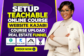 setup teachable online course website kajabi, course upload, real estate funnel