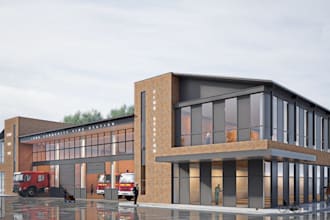 remodel luxury fire station design,apparatus bay doors,archviz exterior,core hub